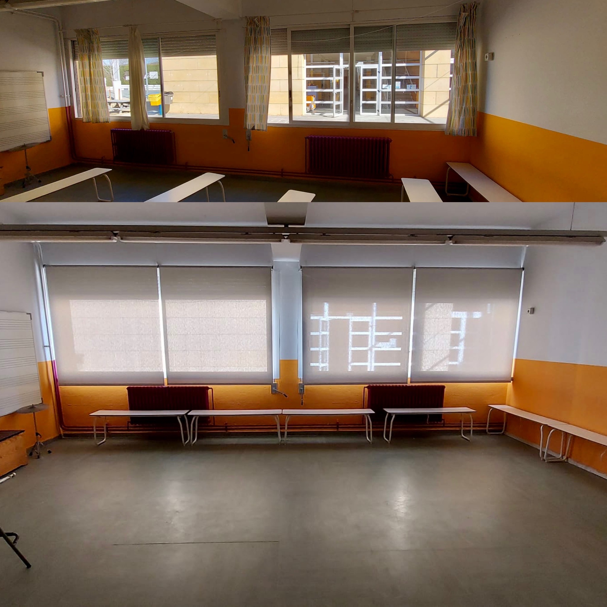 Estores colegio, el antes y el después. Cortinas enrollables en aula de musica