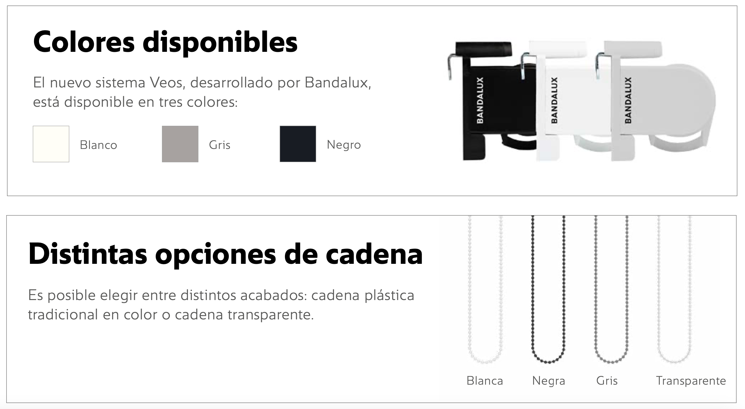 Colores disponibles de los componentes del sistema VEOS