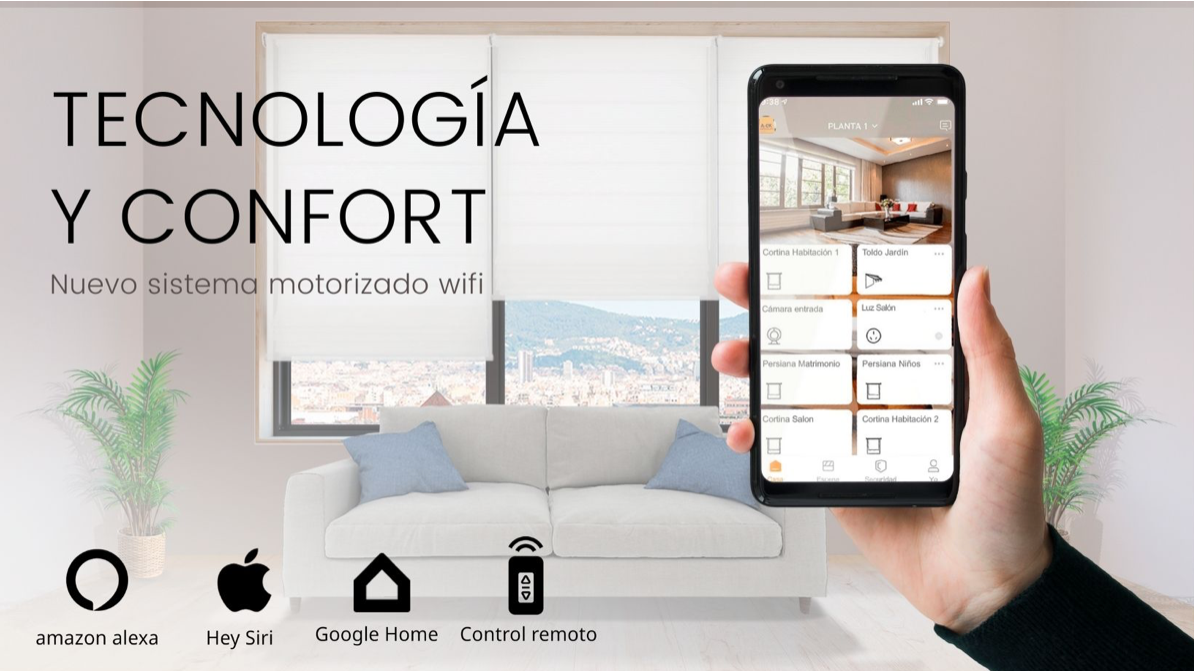 Motorización de cortinas por control por app y asistentes de voz