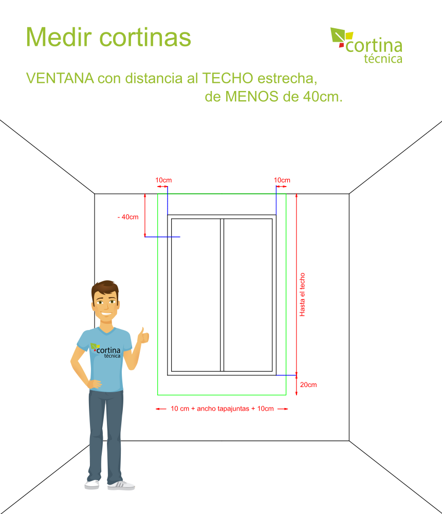 Cómo medir cortinas, Ventana con distancia al Techo de menos de 40cm.